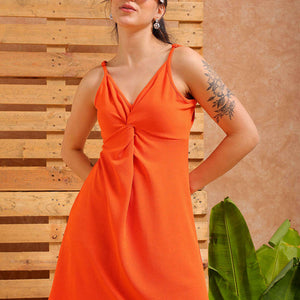 Women's Orange Fit and Flare Textured Casual Slip Dress