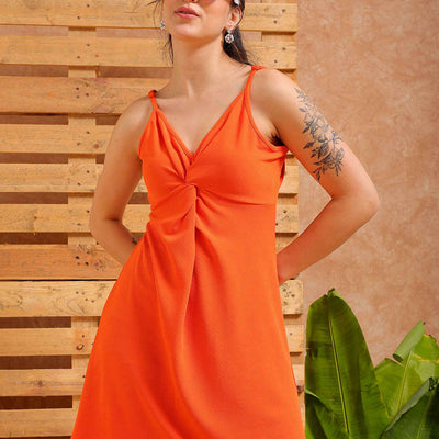 Women's Orange Fit and Flare Textured Casual Slip Dress