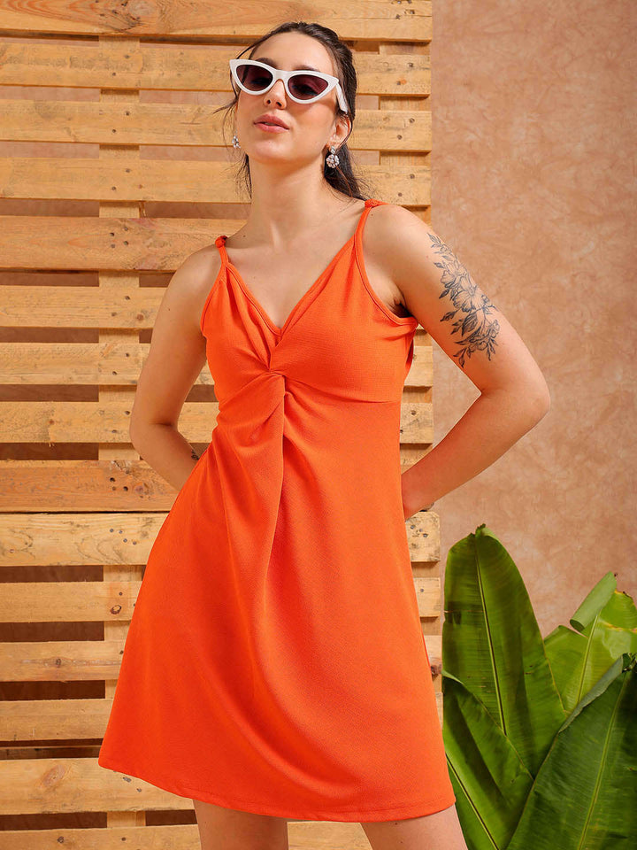 Women's Orange Fit and Flare Textured Casual Slip Dress