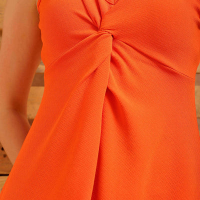 Women's Orange Fit and Flare Textured Casual Slip Dress
