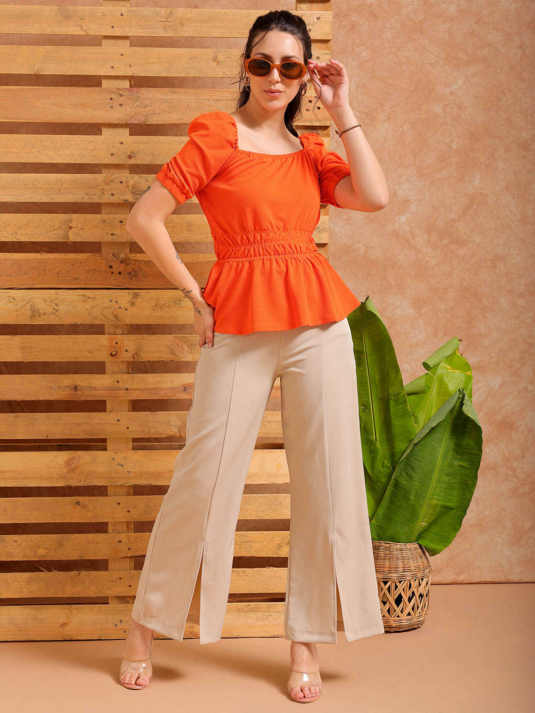 Women's Orange Fit and Flare Textured Peplum Top