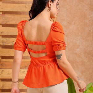 Women's Orange Fit and Flare Textured Peplum Top