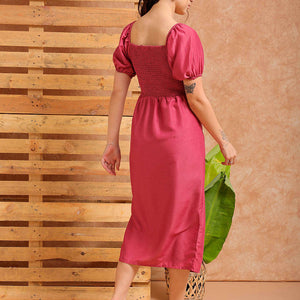 Women's Pink A line Solid Casual Pleated Dress