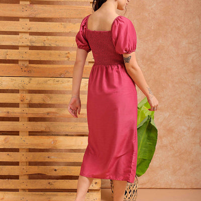 Women's Pink A line Solid Casual Pleated Dress