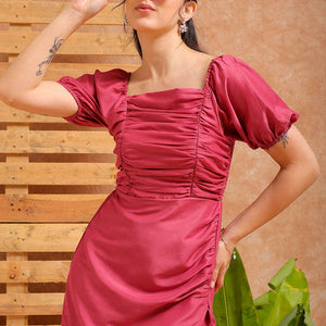 Women's Pink A line Solid Casual Pleated Dress