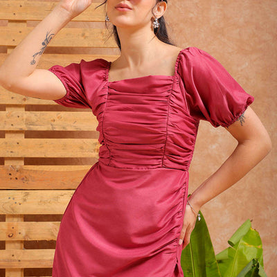 Women's Pink A line Solid Casual Pleated Dress