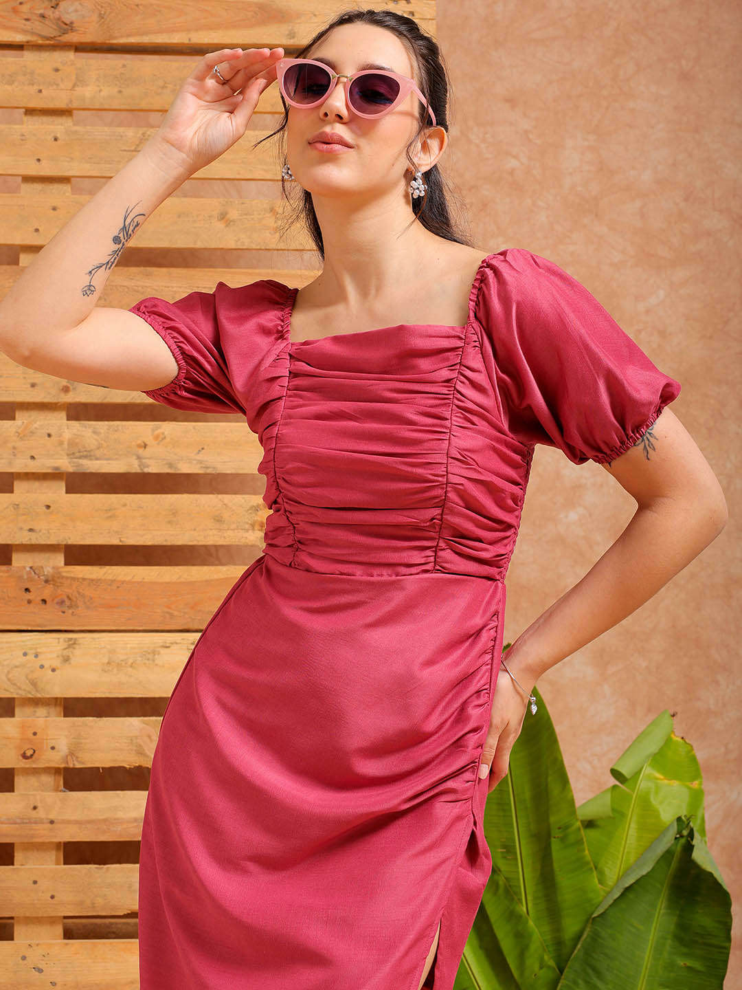 Women's Pink A line Solid Casual Pleated Dress