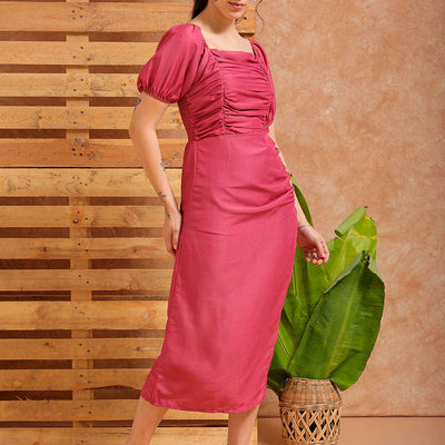 Women's Pink A line Solid Casual Pleated Dress