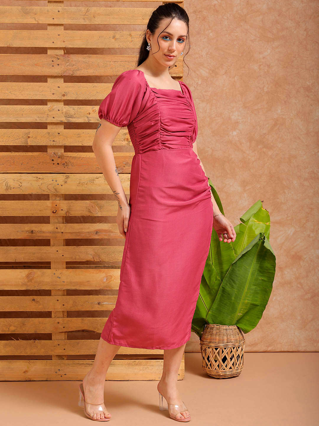 Women's Pink A line Solid Casual Pleated Dress