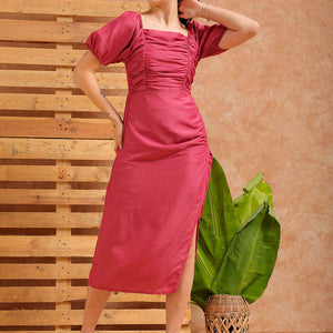 Women's Pink A line Solid Casual Pleated Dress