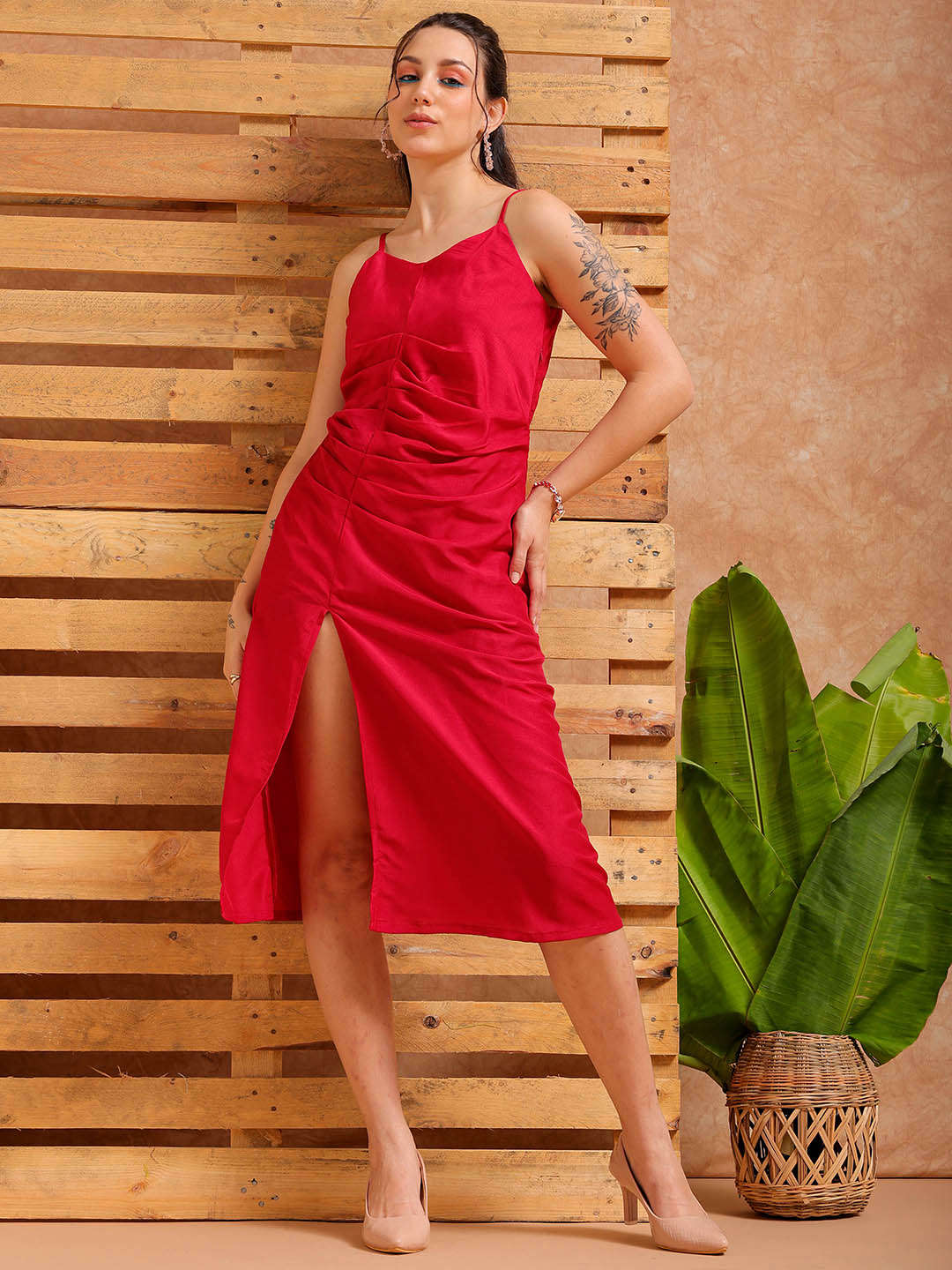 Women's Pink A Line Solid Casual Slip Dress