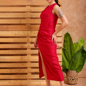 Women's Pink A line Solid Partywear Draped Dress