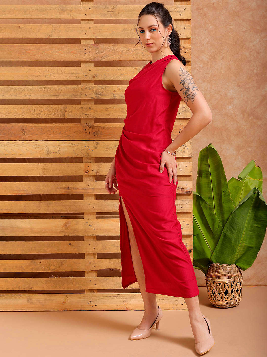 Women's Pink A line Solid Partywear Draped Dress