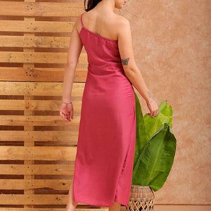 Women's Pink Fitted Solid Partywear One Shoulder Dress