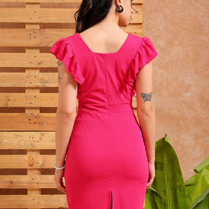 Women's Pink Fitted Textured Partywear Ruffle Dress