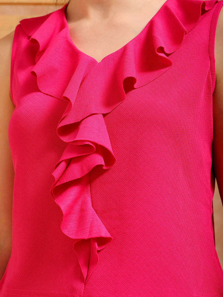 Women's Pink Fitted Textured Ruffle Top