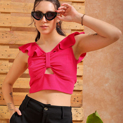 Women's Pink Fitted Textured Ruffle Top