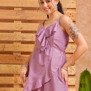 Women's Purple Fit and Flare Solid Partywear Asymmetric Dress