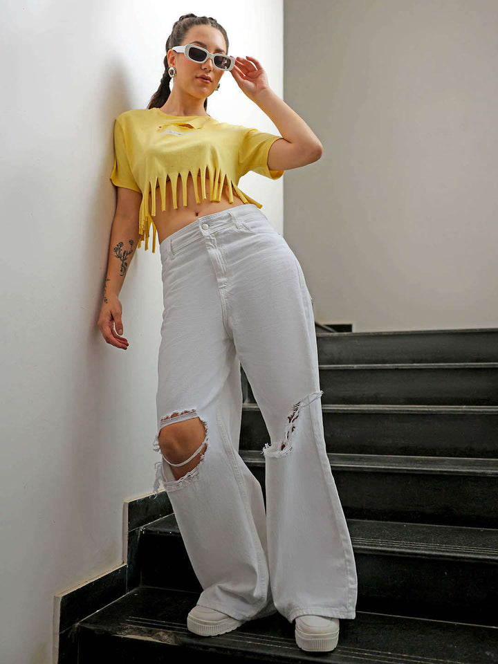 Women's White Solid Bootcut Jeans