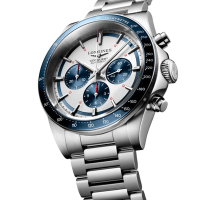 Longines Conquest Chronograph Silver Matt & Blue Dial Men 42mm