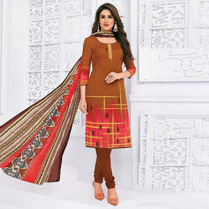 Copper Brown Casual Wear Printed Cotton Dress Material