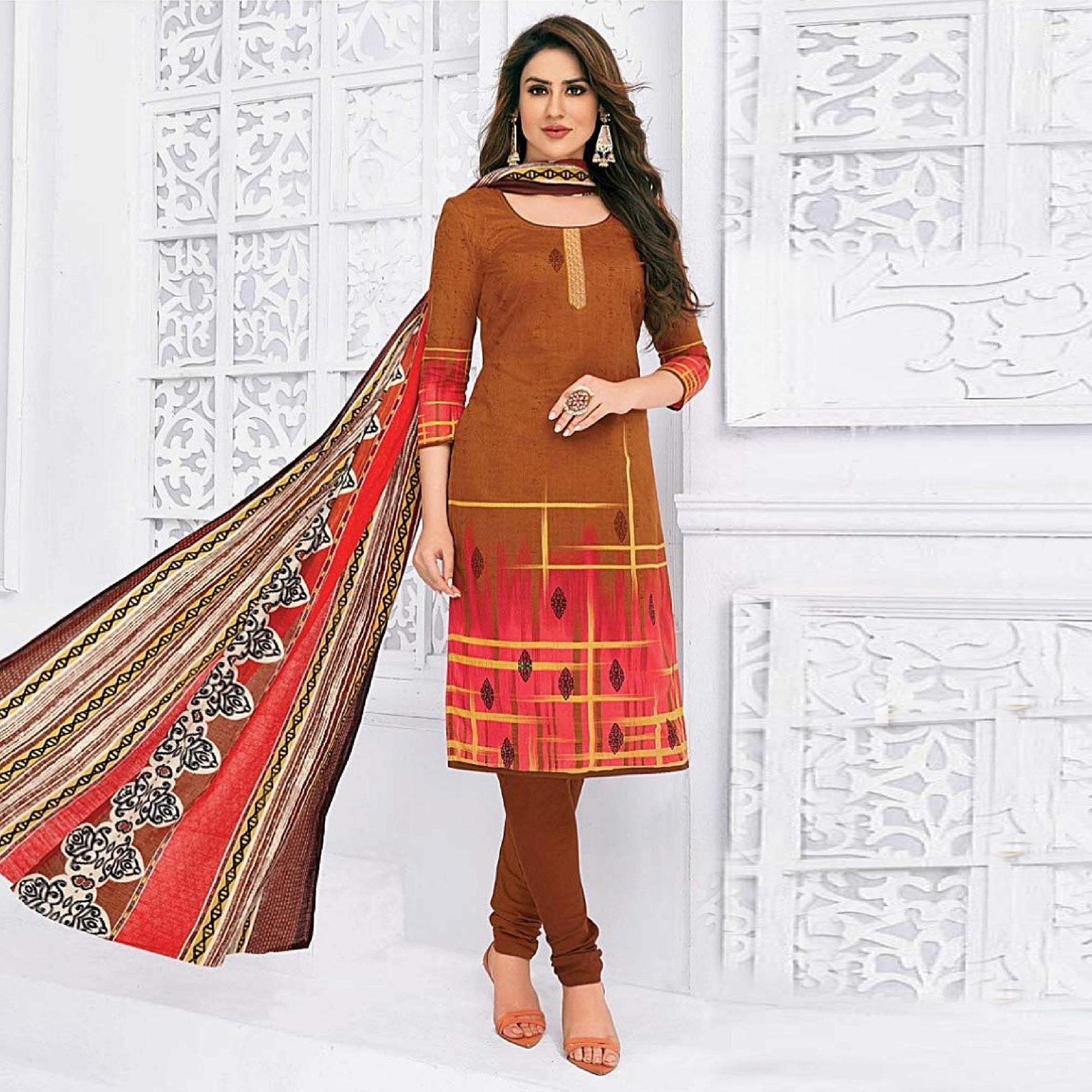 Copper Brown Casual Wear Printed Cotton Dress Material