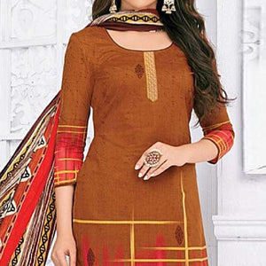 Copper Brown Casual Wear Printed Cotton Dress Material