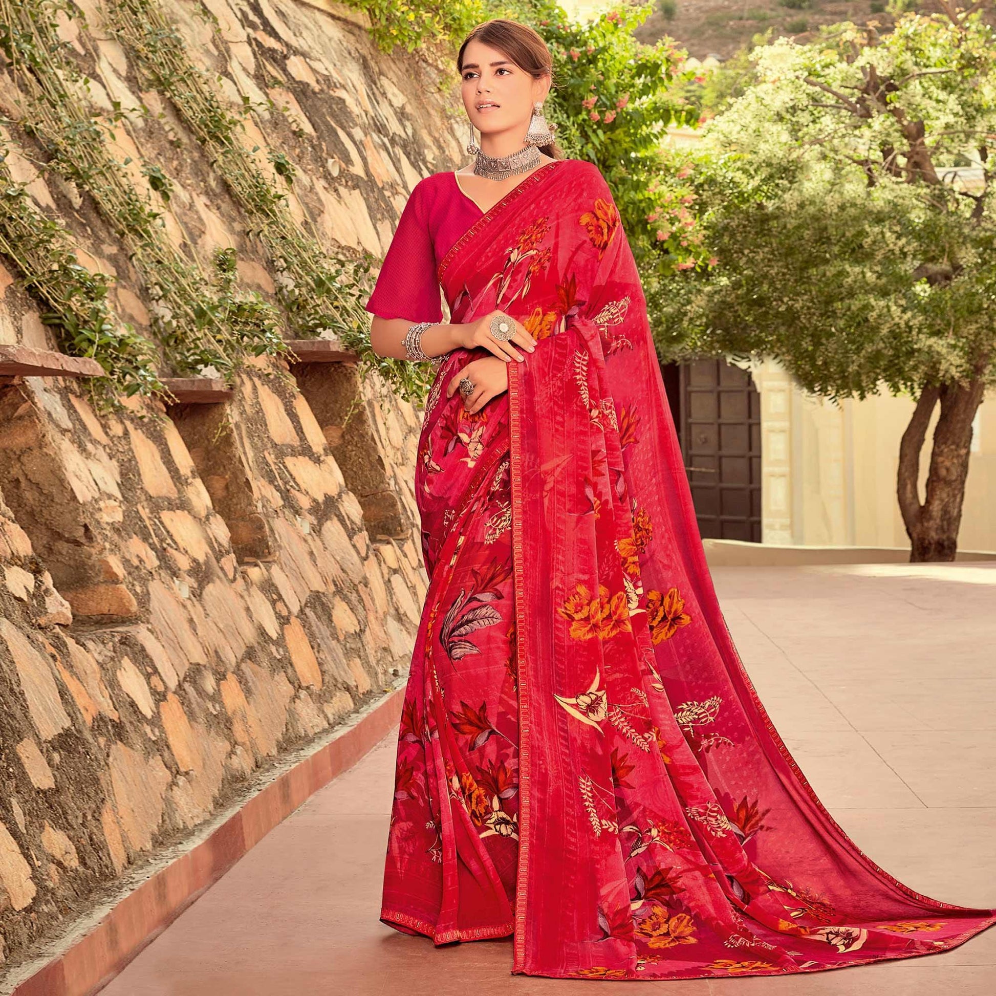 Coral Pink Casual Wear Printed Georgette Saree