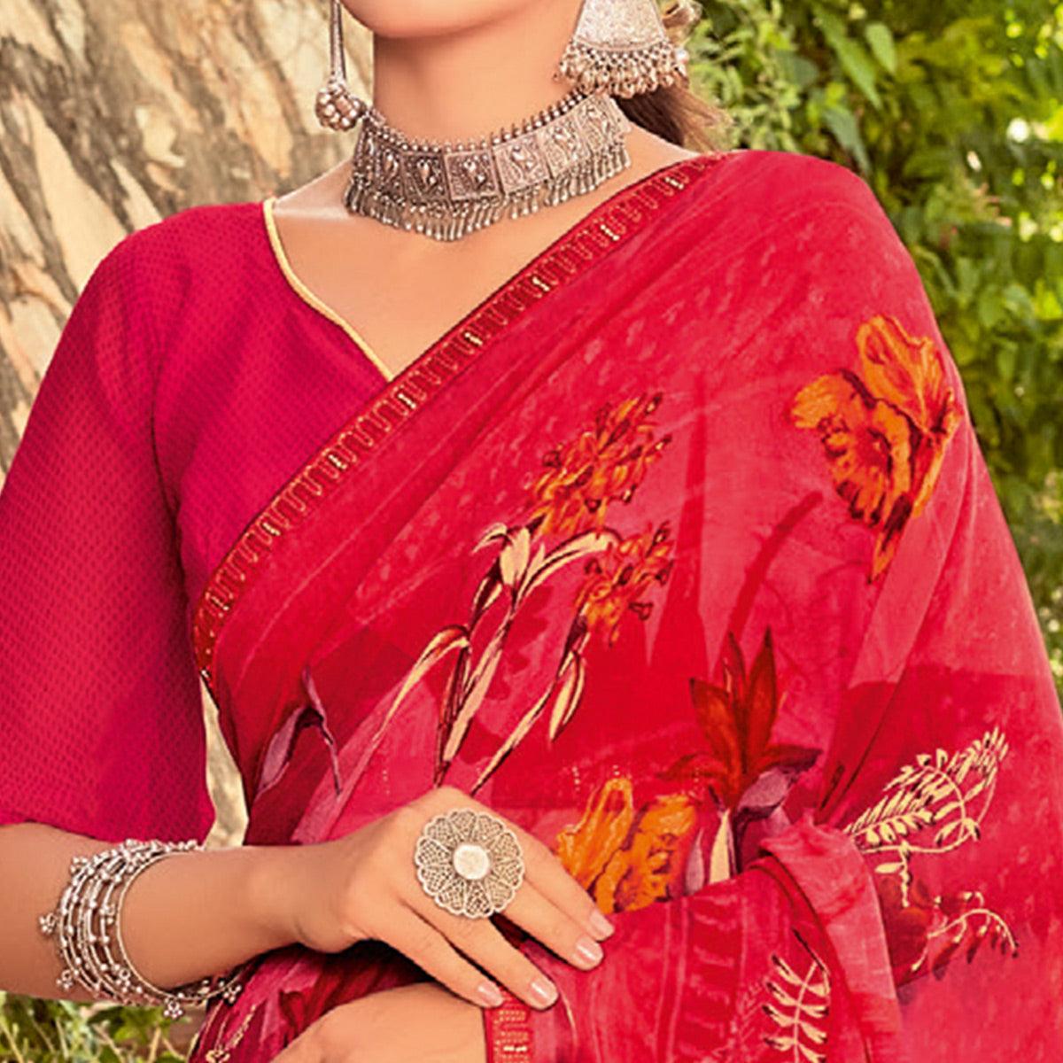 Coral Pink Casual Wear Printed Georgette Saree
