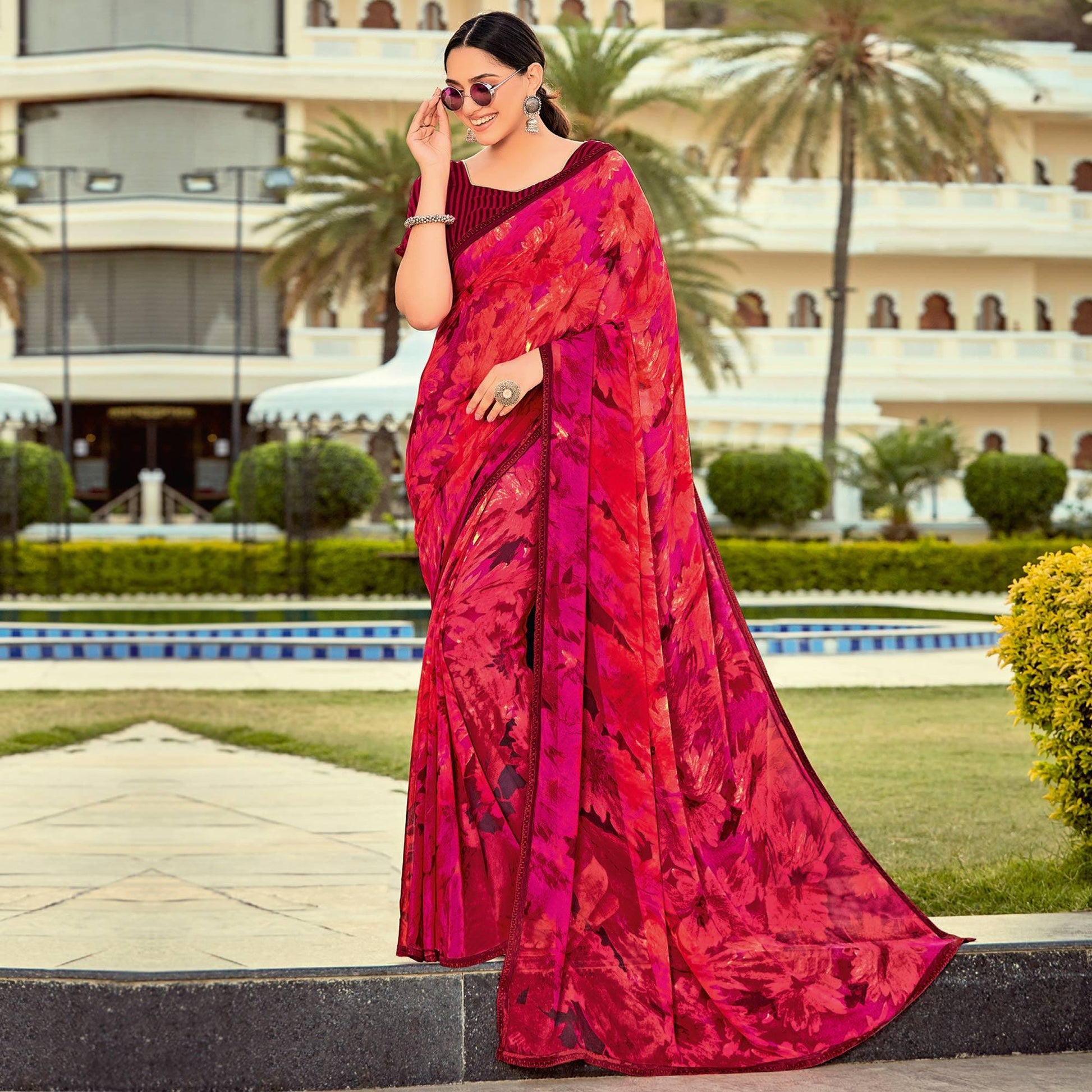 Coral Pink - Red Casual Wear Printed Georgette Saree