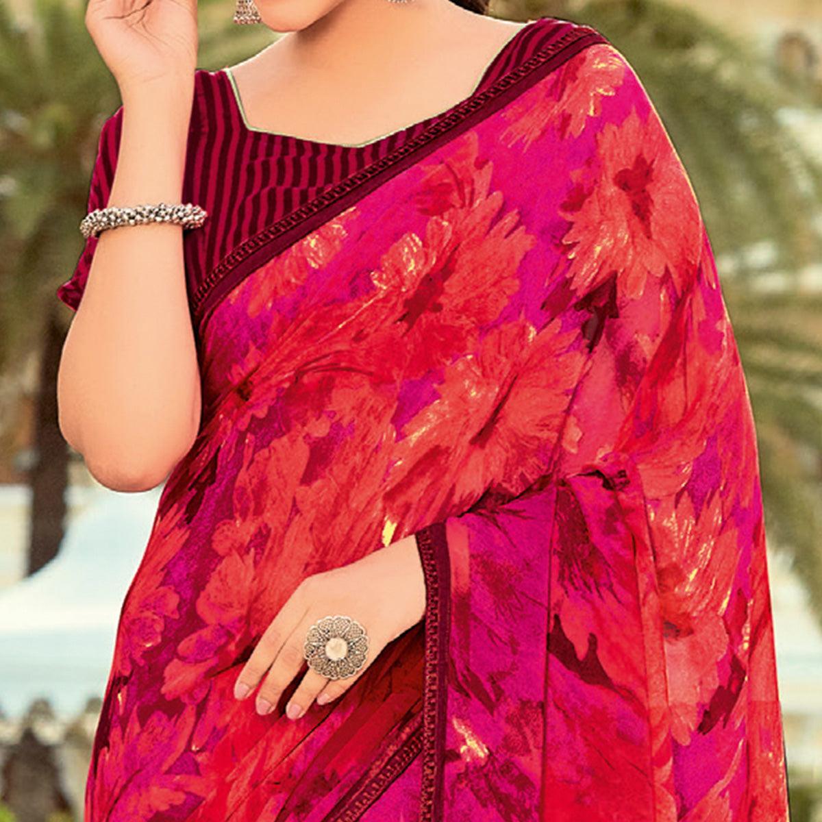 Coral Pink - Red Casual Wear Printed Georgette Saree
