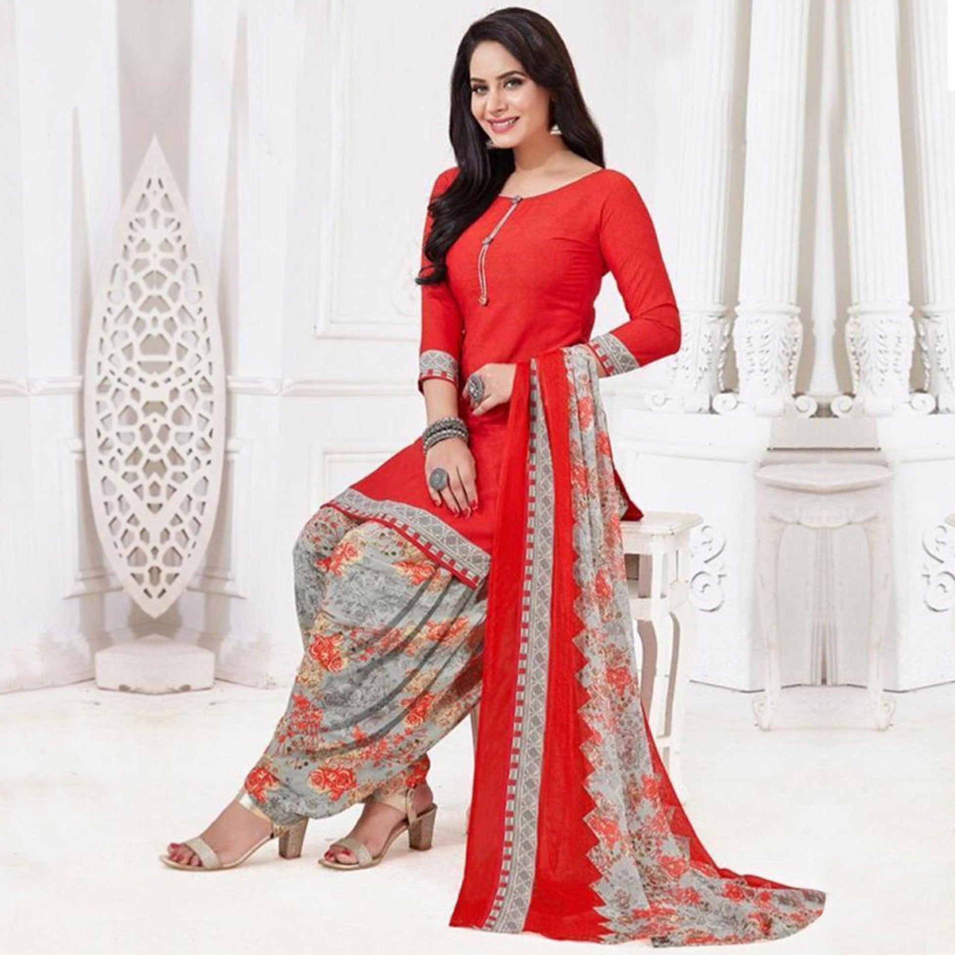 Coral Red Casual Wear Printed Leon Patiala Dress Material