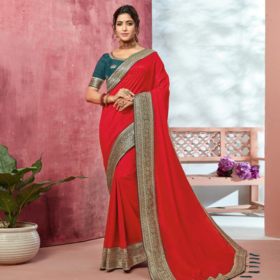Coral Red Festive Wear Silk Saree With Embroidered Border