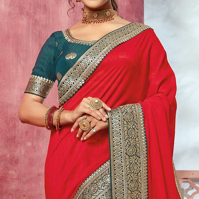 Coral Red Festive Wear Silk Saree With Embroidered Border