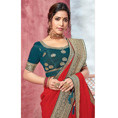 Coral Red Festive Wear Silk Saree With Embroidered Border