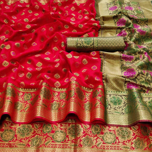 Coral Red Festive Wear Woven Silk Saree
