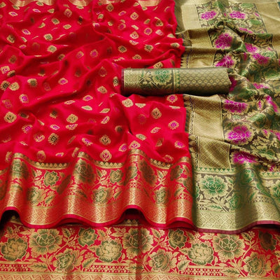 Coral Red Festive Wear Woven Silk Saree