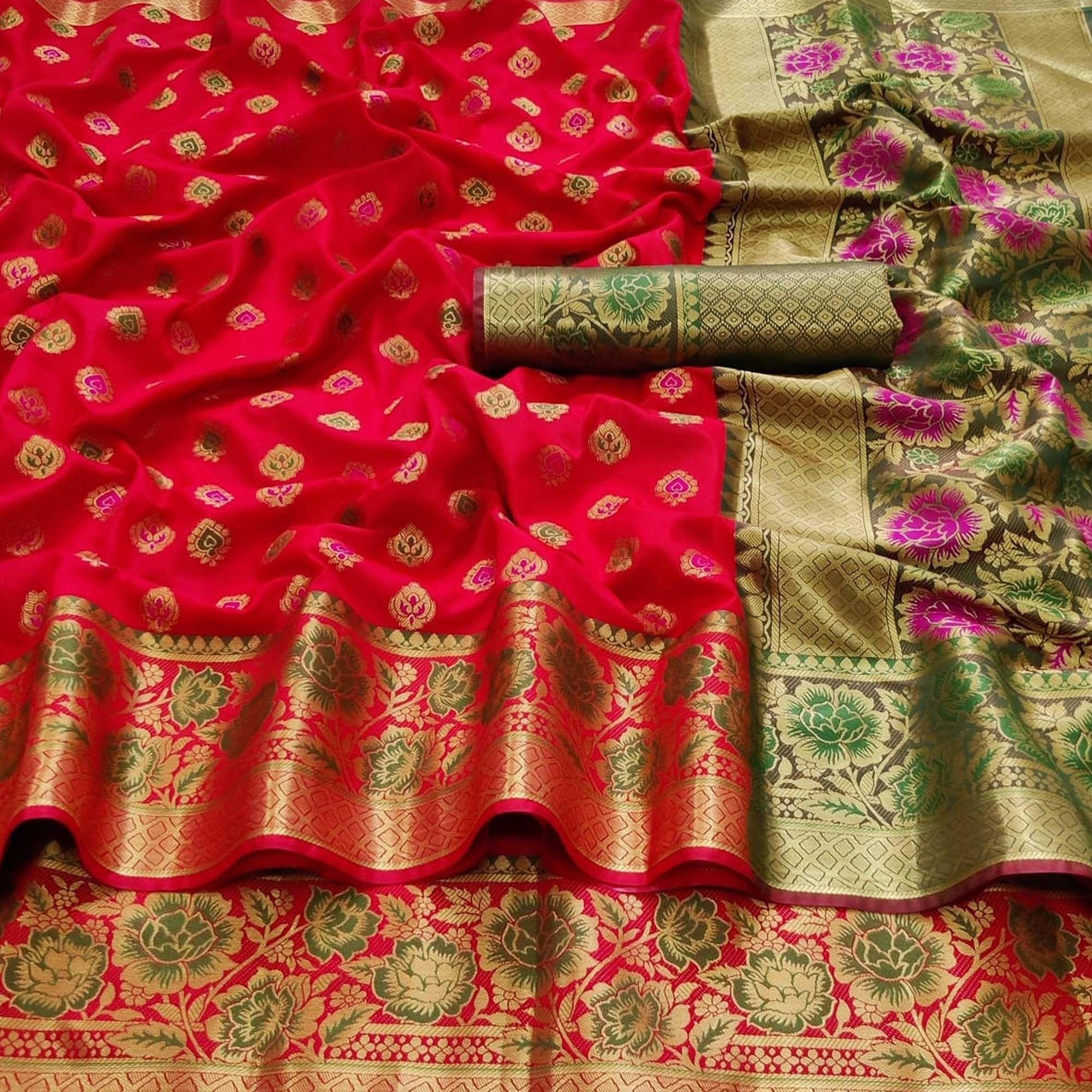 Coral Red Festive Wear Woven Silk Saree