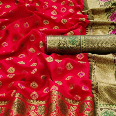 Coral Red Festive Wear Woven Silk Saree