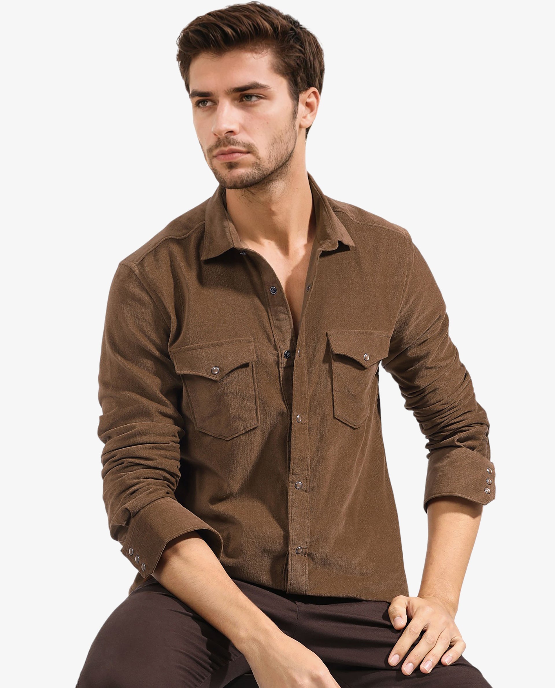 Rare Rabbit Men's Cordini Brown Cotton Fabric Full Sleeves Solid Shirt