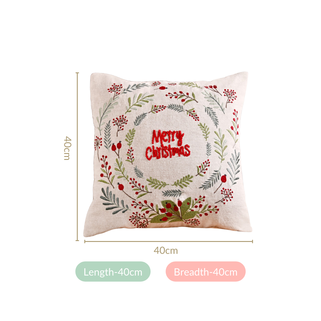 Merry Christmas Wreath Embroidered Cushion Cover 40x40cm