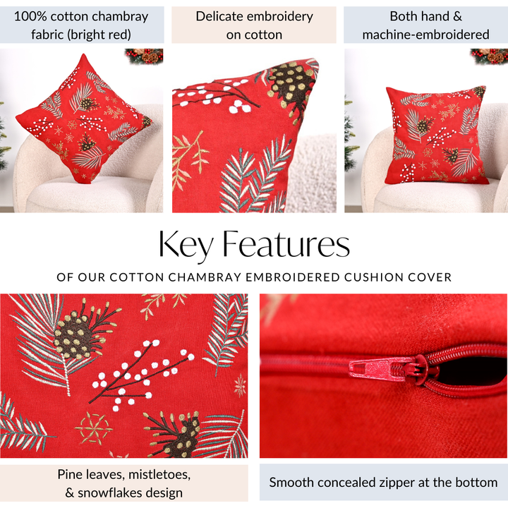 Pine Leaves Bright Red Couch Cushion Cover 40x40cm