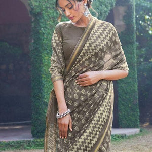 Dove Grey Zari Woven Cotton Linen Saree