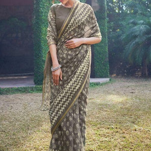 Dove Grey Zari Woven Cotton Linen Saree