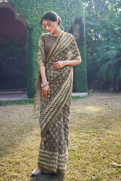 Dove Grey Zari Woven Cotton Linen Saree