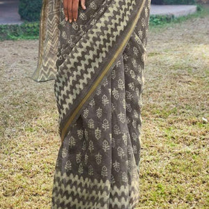 Dove Grey Zari Woven Cotton Linen Saree