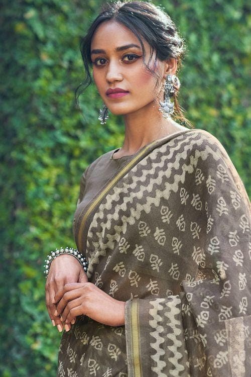 Dove Grey Zari Woven Cotton Linen Saree