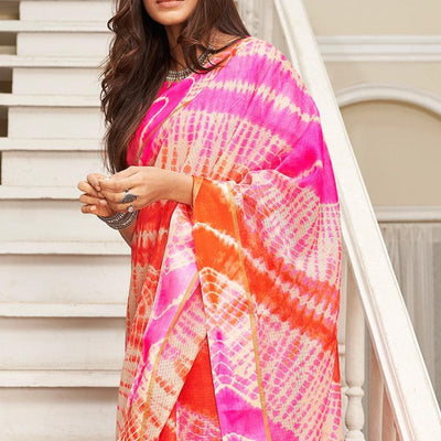 Pink And Orange Leheriya Printed Saree