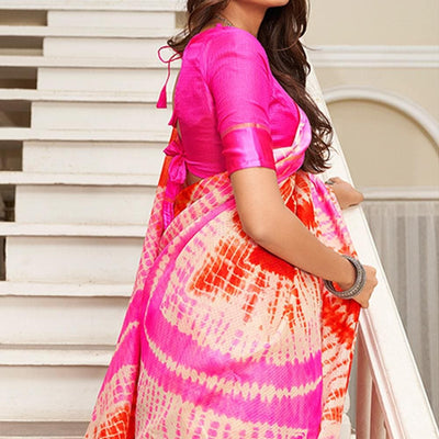 Pink And Orange Leheriya Printed Saree