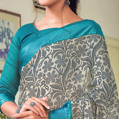 Cream & Grey Casual Wear Printed Cotton Saree